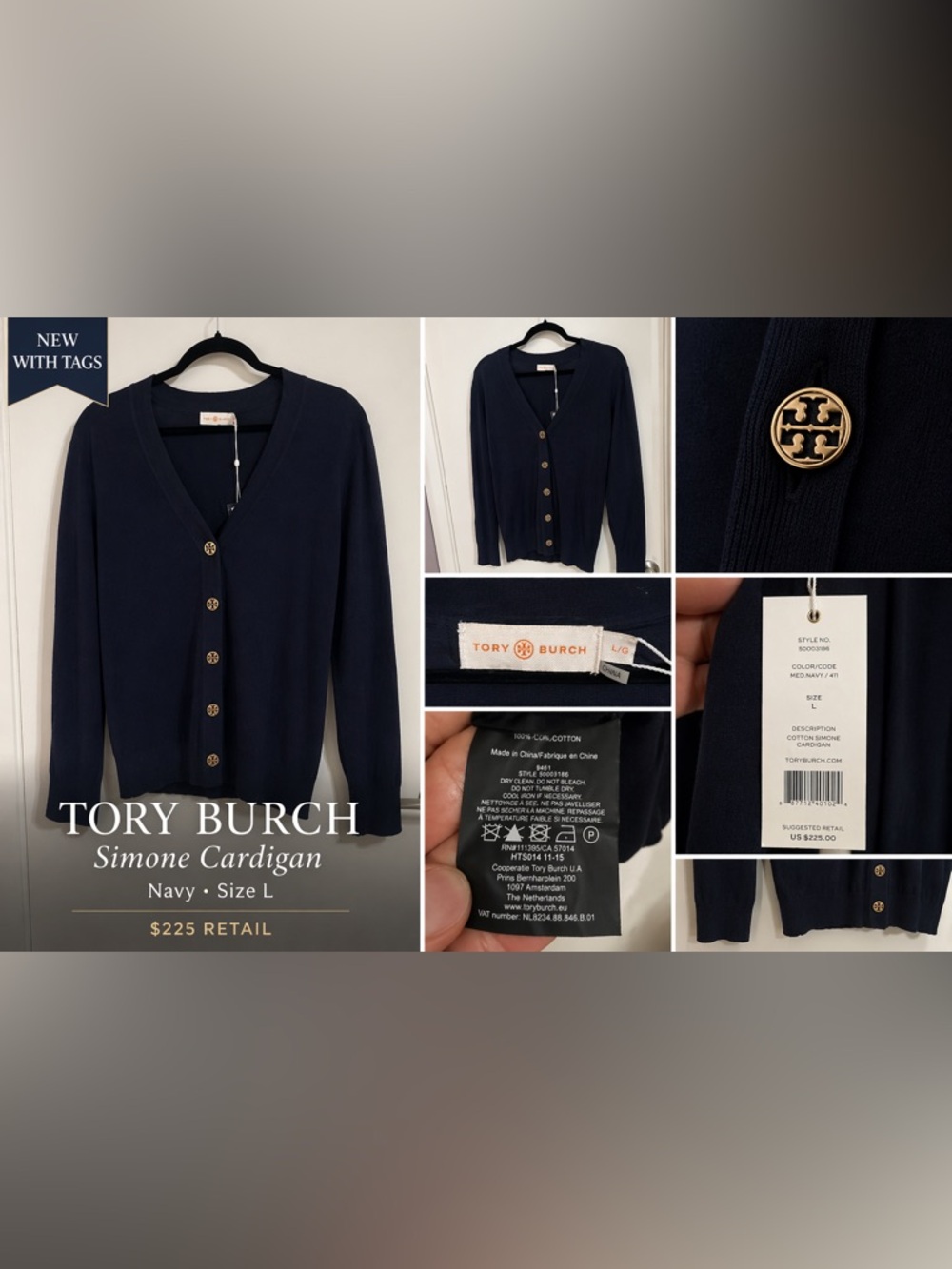 Tory Burch Navy Simone V‑Neck Cardigan with Gold Logo Buttons
